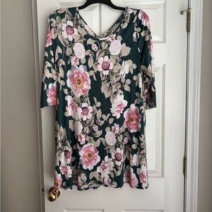 Floral Long Sleeve Dress in Green and Pink